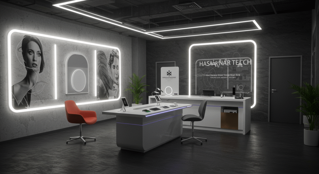 Salón moderno con iluminación inteligente y dispositivos conectados