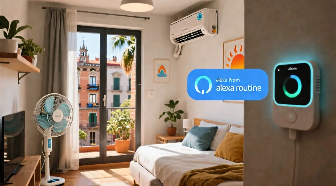 Habitación con ventilador y aire acondicionado conectados