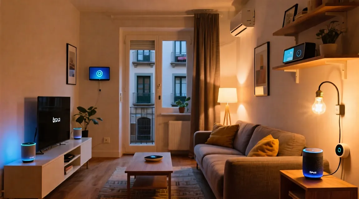 Rutina de iluminación cálida controlada por Alexa en un piso pequeño