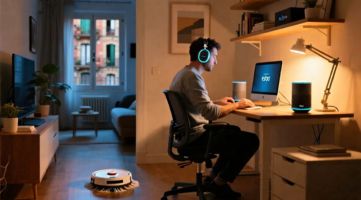 Teletrabajo con altavoces Alexa y robot aspirador silencioso