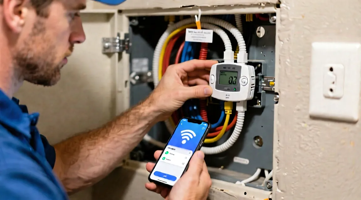 Técnico instalando un termostato Wi-Fi en comunidad